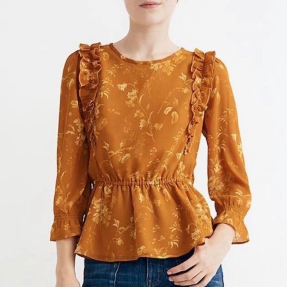 Madewell Ruffle Shoulder Peplum Top in Marigold